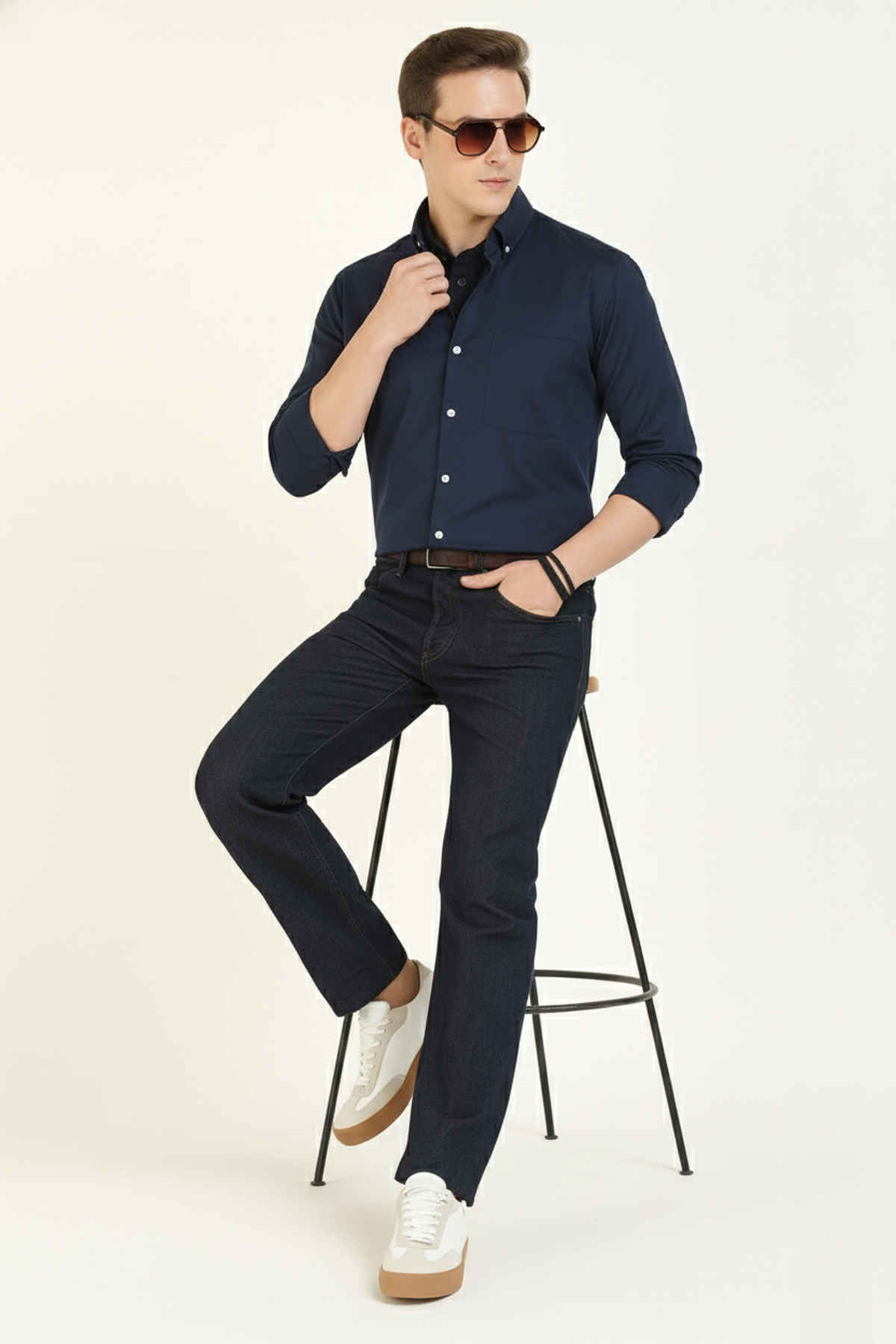 Hancock Men's Slim Fit Solid Button-Down Collar Pure Cotton Casual Shirt | Navy Blue - 38