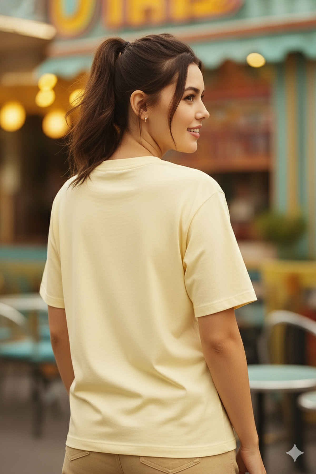 Fabflee Women's Oversize Cotton Printed Round Neck Tshirt | Beige | NEX-OS-529 | L