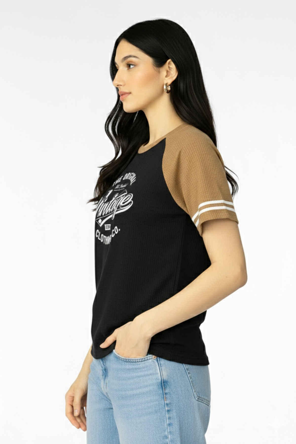 Try This Women's HF Sleeve Graphic Print Round Neck Tshirt | Black & Brown | XL