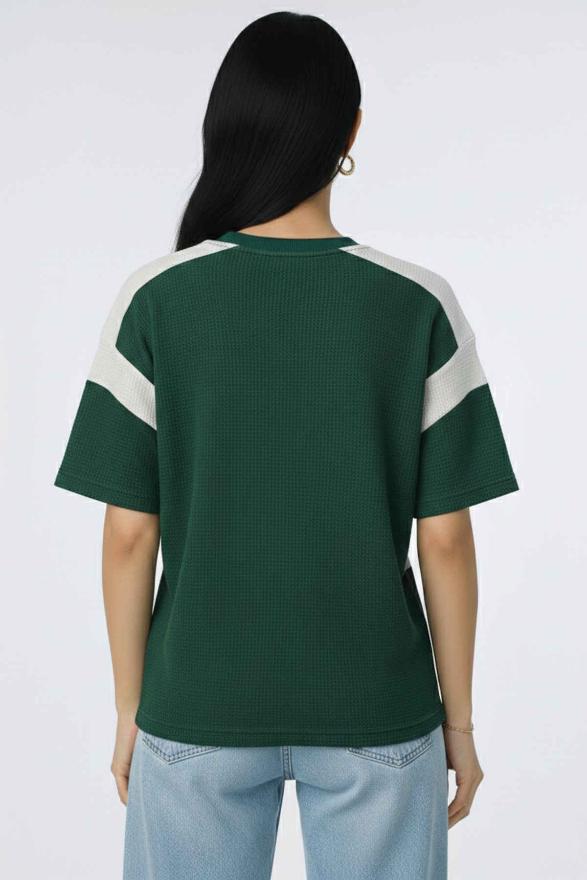 Try This Women's HF Sleeve Block Print Round Neck Tshirt | Green & White | M