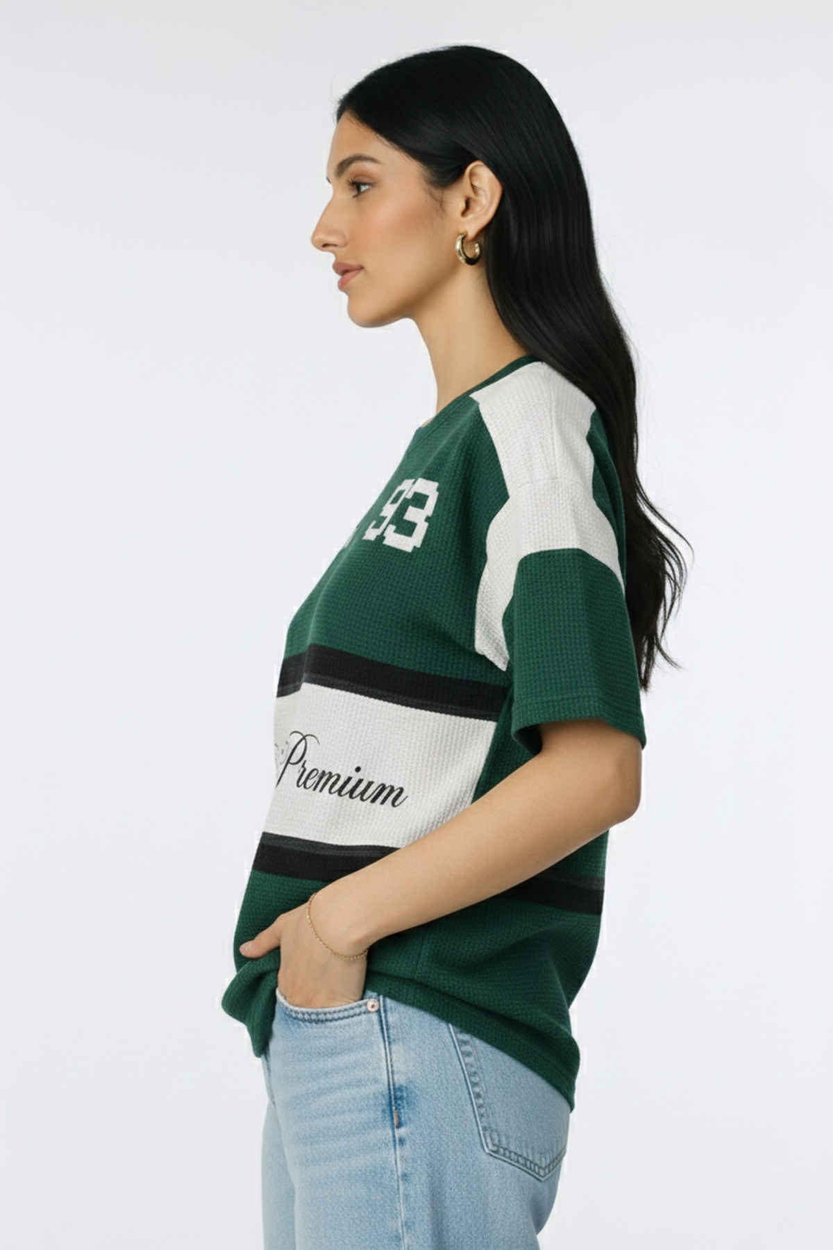 Try This Women's HF Sleeve Block Print Round Neck Tshirt | Green & White | M
