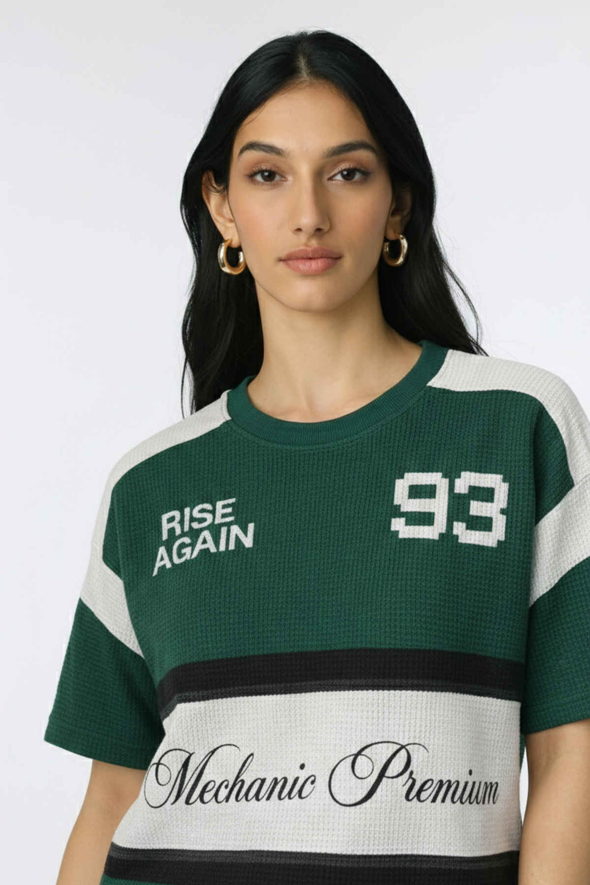 Try This Women's HF Sleeve Block Print Round Neck Tshirt | Green & White | M