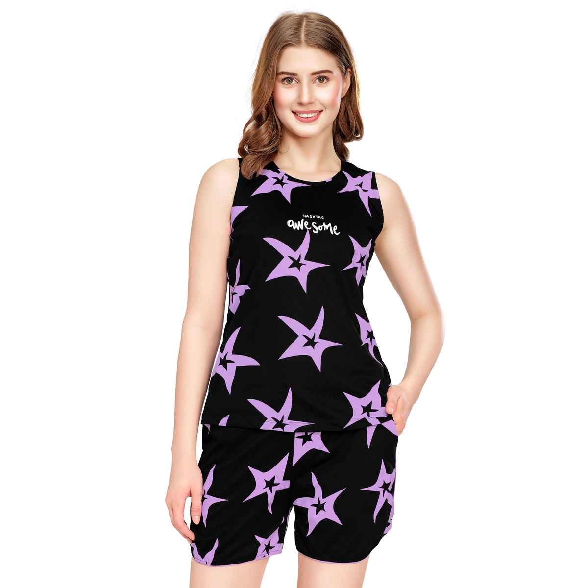 Zeyo Night Suit for Women Black Star Printed Cotton Night Dress of Top & Shorts Set 5736-BK- S