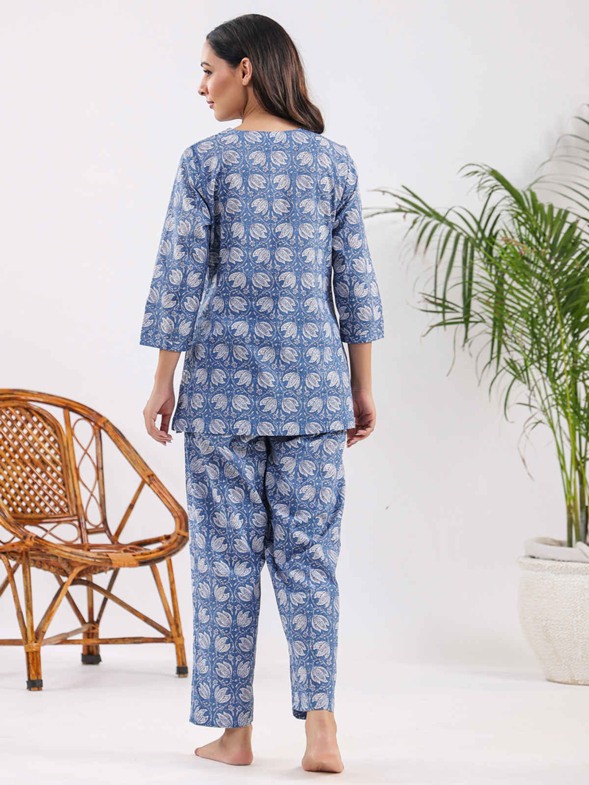 Sanskrutihomes Printed Pure Cotton Night Suit | Blue - S