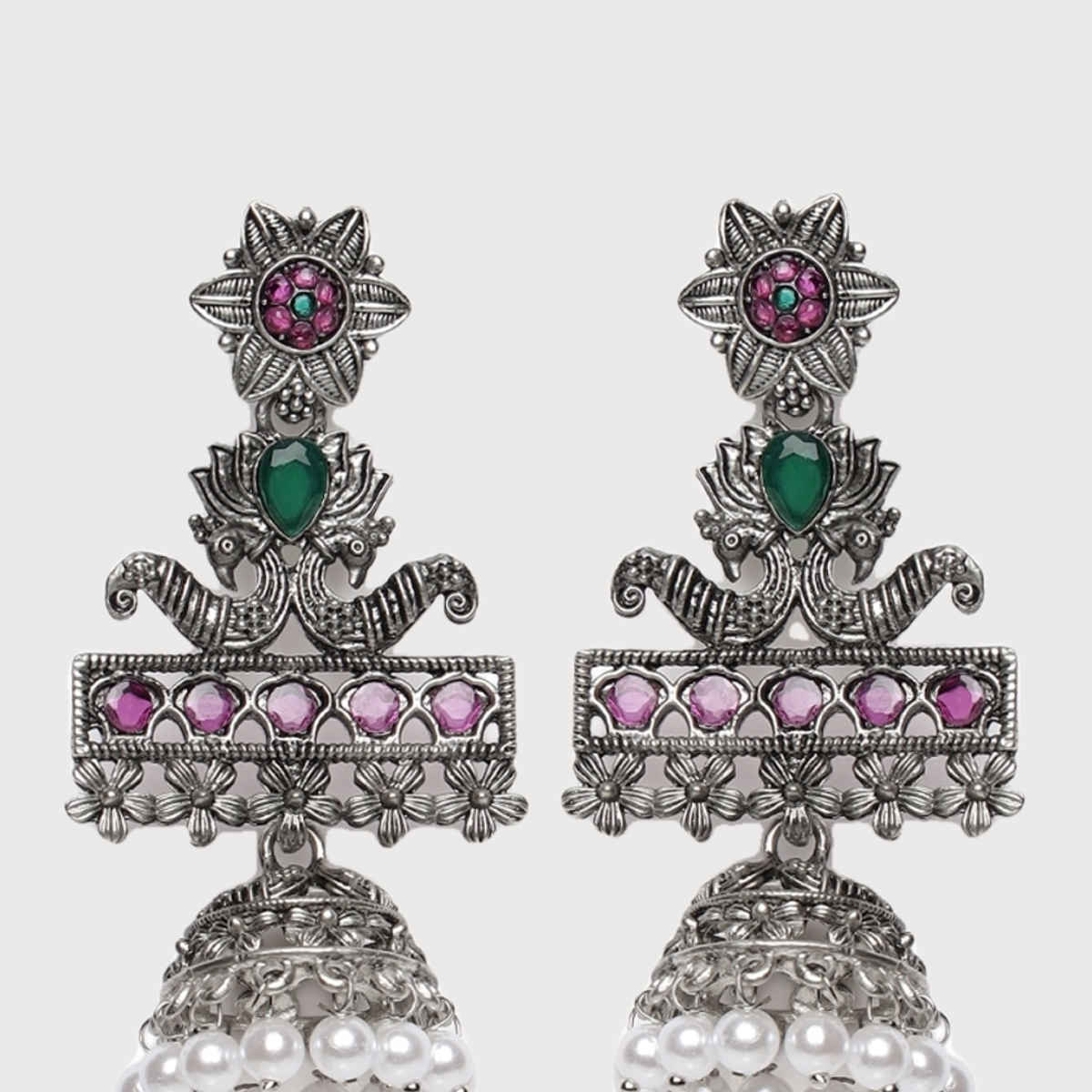 Aatmana Pink & Green Oxidised Silver-Plated German Silver Stone Studded & Beaded Jhumkas