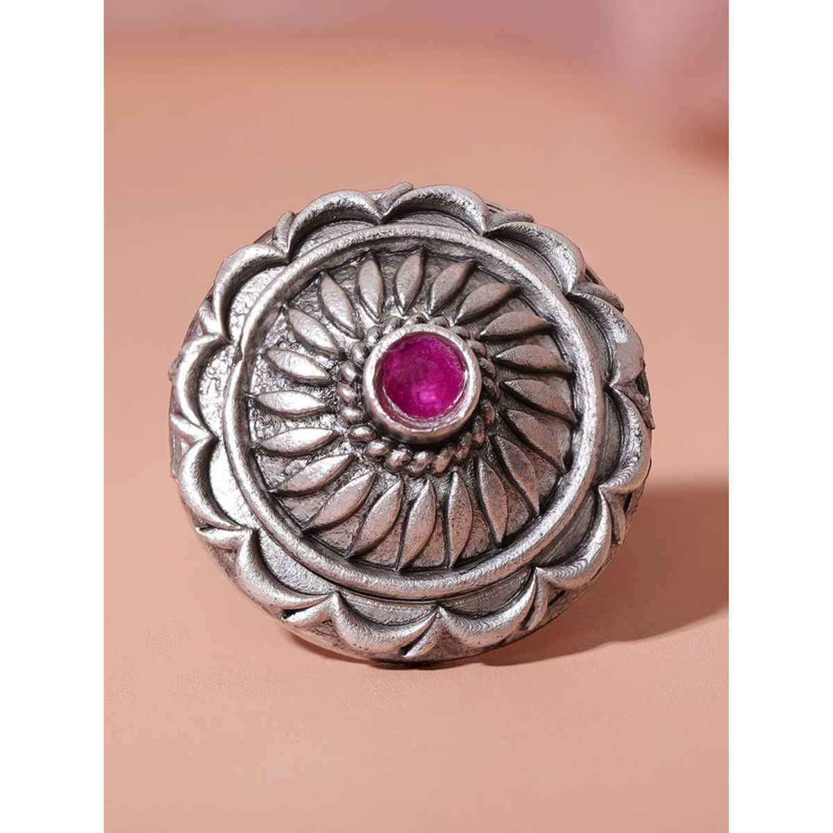 Rubans Silver-Plated Oxidised Stone-Studded Adjustable Finger Ring