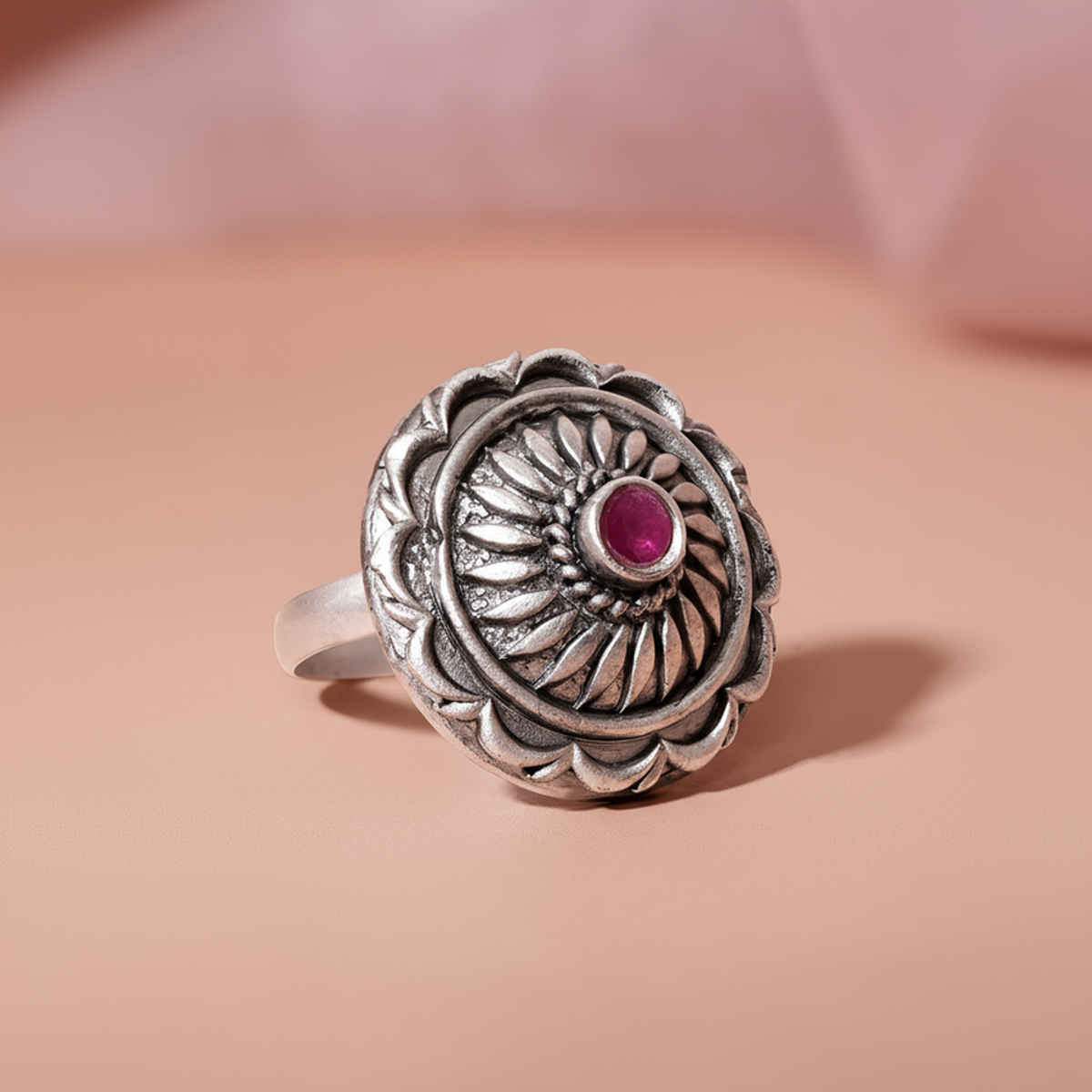 Rubans Silver-Plated Oxidised Stone-Studded Adjustable Finger Ring