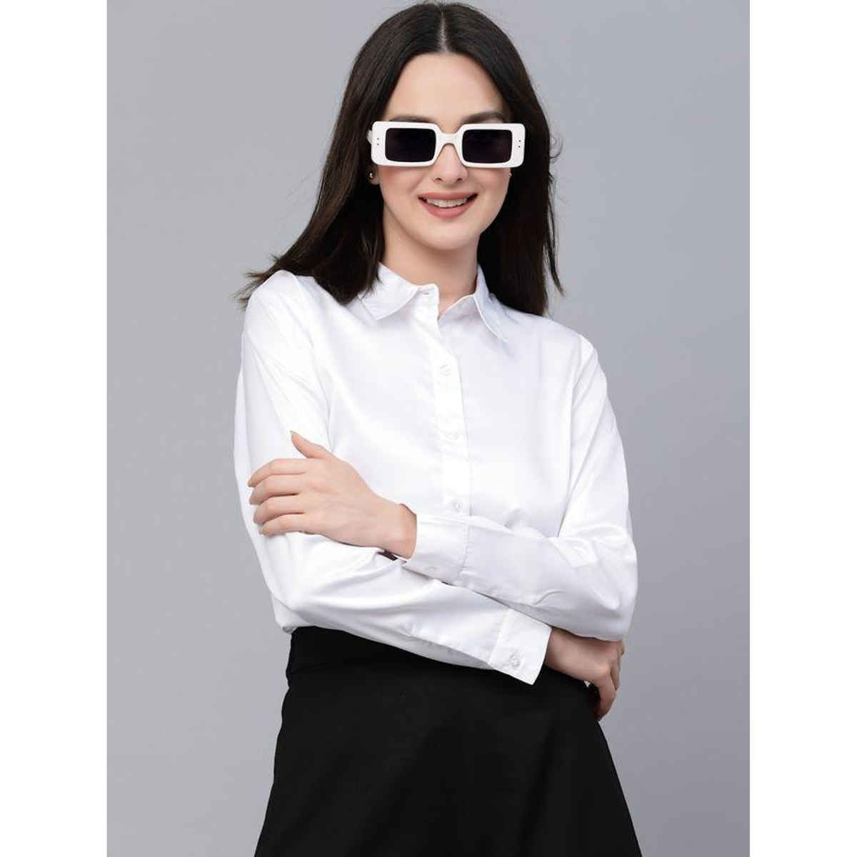 Style Quotients Women Solid White Satin Formal Shirt-S