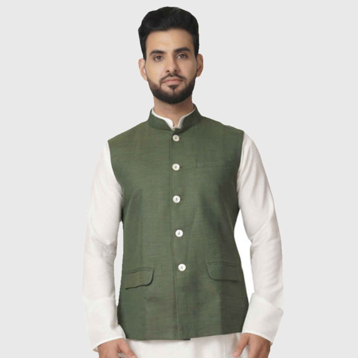 Ethnix by Raymond Men's Regular Fit Pure Polyester Solid Pattern Stand Collar Bundi | Olive - M