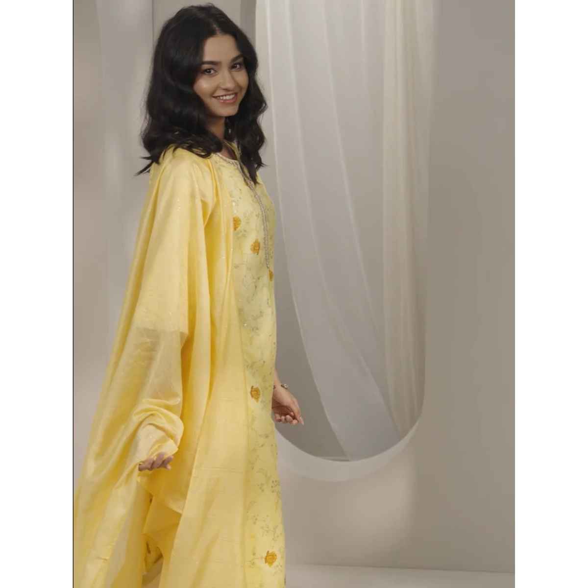 Libas Women's Printed Cotton Blend Straight Suit Set with Dupatta | Yellow - L