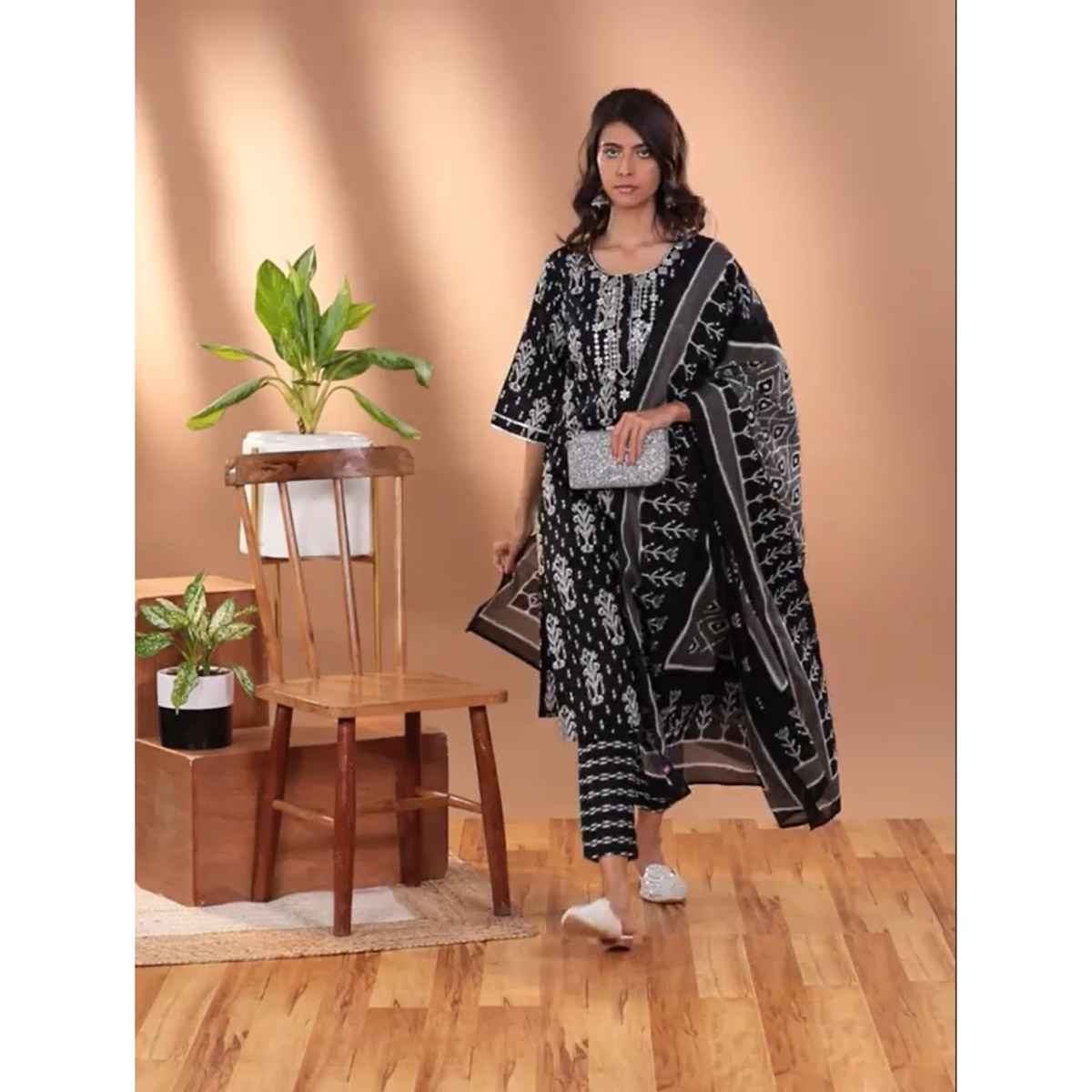 Libas Women Black Mirror Work Detail Straight Kurta With Black Trousers & Dupatta - 34164M
