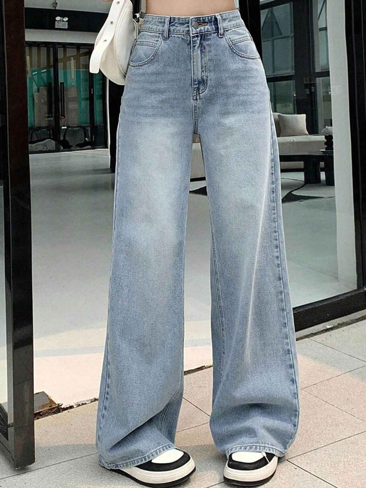 Aadvi Fashion Women's Baggy Fit Heavy Fade Wide Leg Jeans | Light Blue - 34