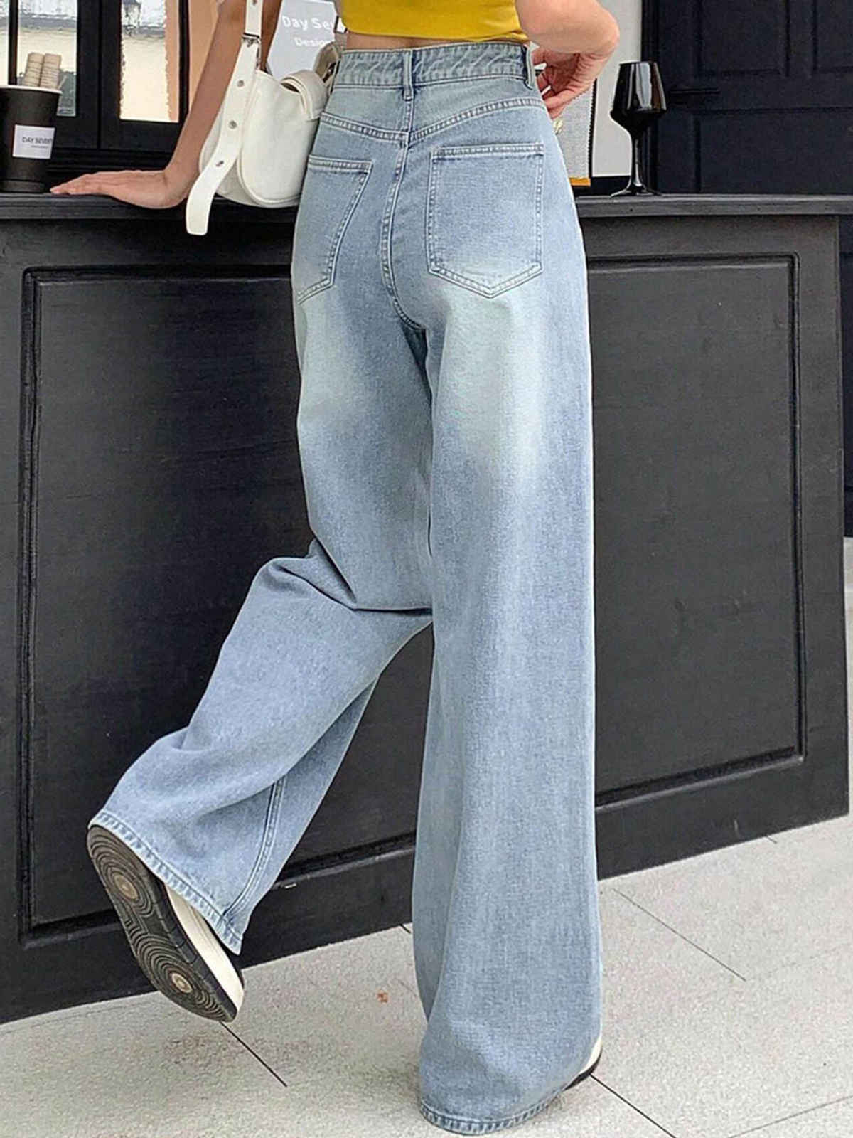 Aadvi Fashion Women's Baggy Fit Heavy Fade Wide Leg Jeans | Light Blue - 34