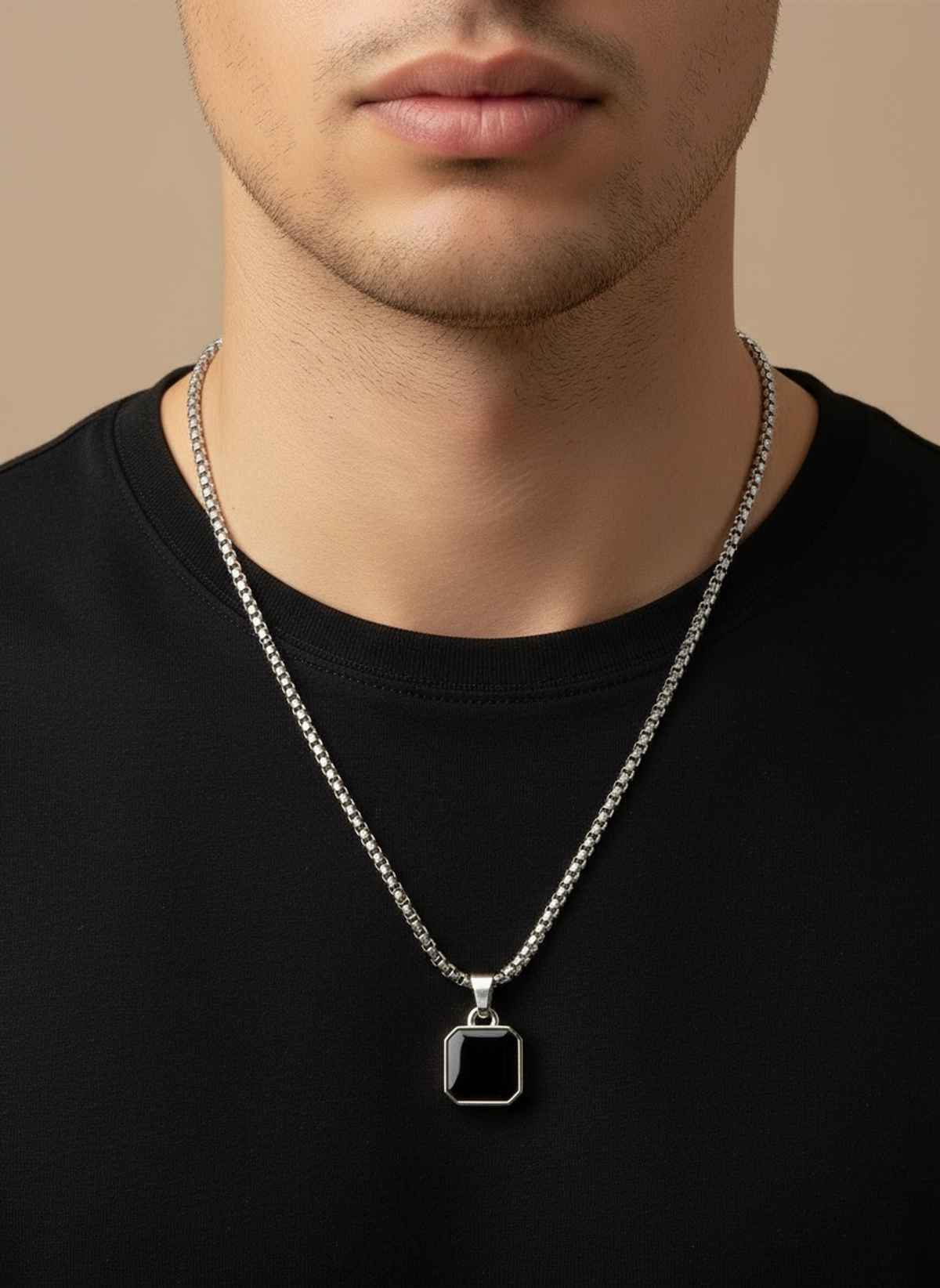 NVR Men's Silver-Plated Stone Pendant Chain & Black Rhodium Stainless Steel Cuff Bracelet Gift Combo