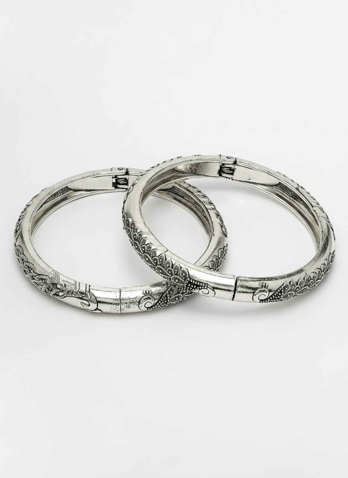 NVR Women Set of 5 Oxidized Silver-Plated Jhumka Earrings & Pair of Peacock Design Oxidised Kada Bangles