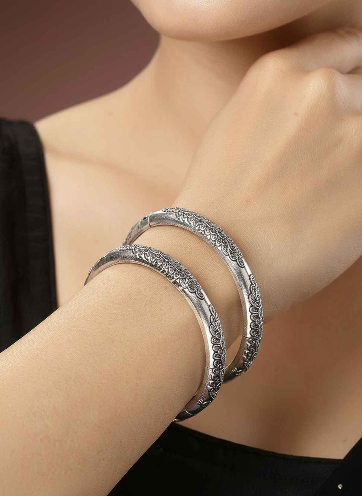 NVR Women Set of 5 Oxidized Silver-Plated Jhumka Earrings & Pair of Peacock Design Oxidised Kada Bangles