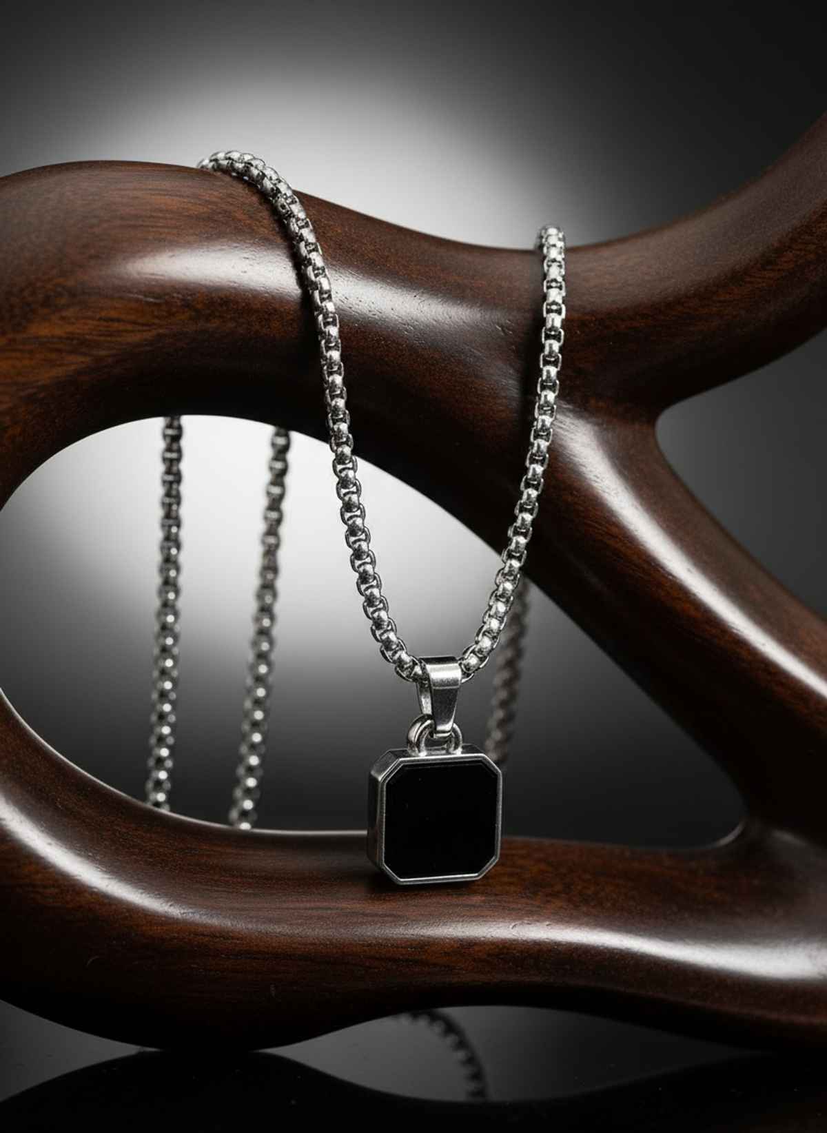NVR Men's Silver-Plated Stone Pendant Chain & Black Rhodium Stainless Steel Cuff Bracelet Gift Combo