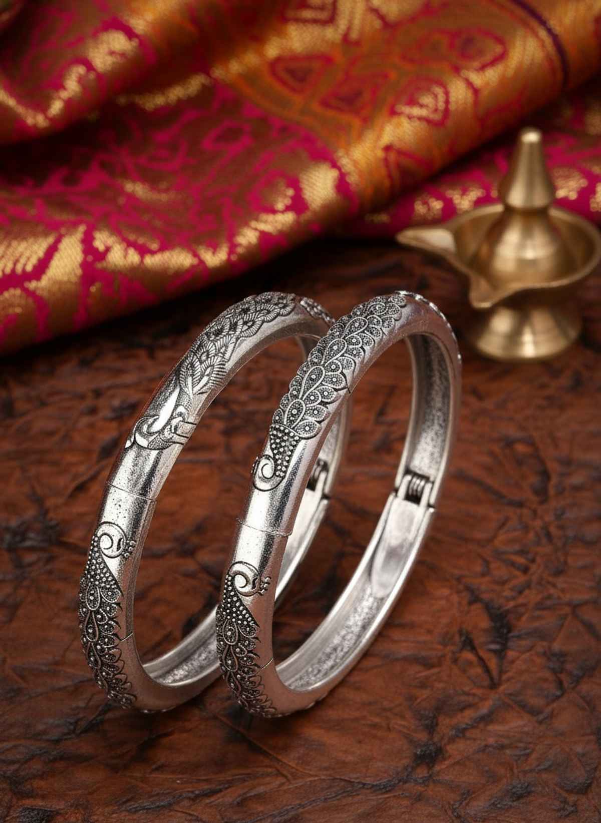 NVR Women Set of 5 Oxidized Silver-Plated Jhumka Earrings & Pair of Peacock Design Oxidised Kada Bangles