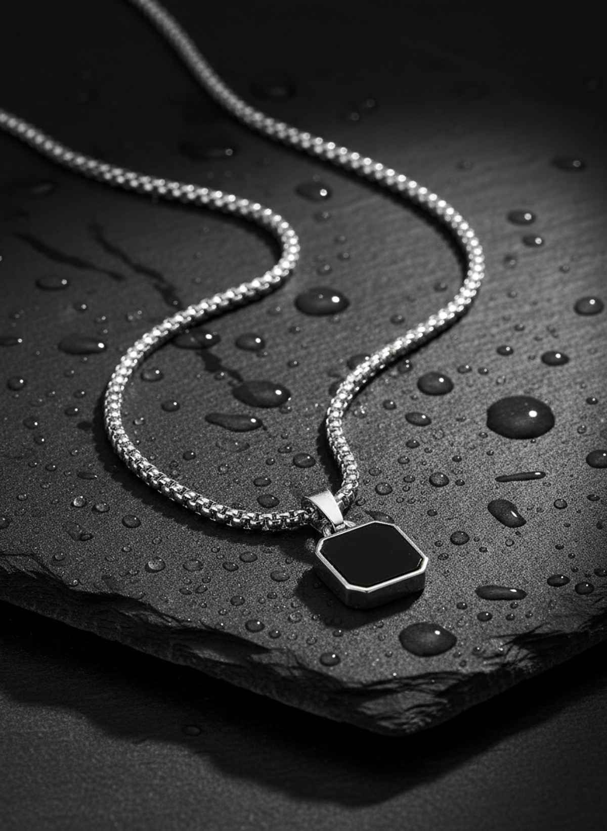 NVR Men's Silver-Plated Stone Pendant Chain & Black Rhodium Stainless Steel Cuff Bracelet Gift Combo