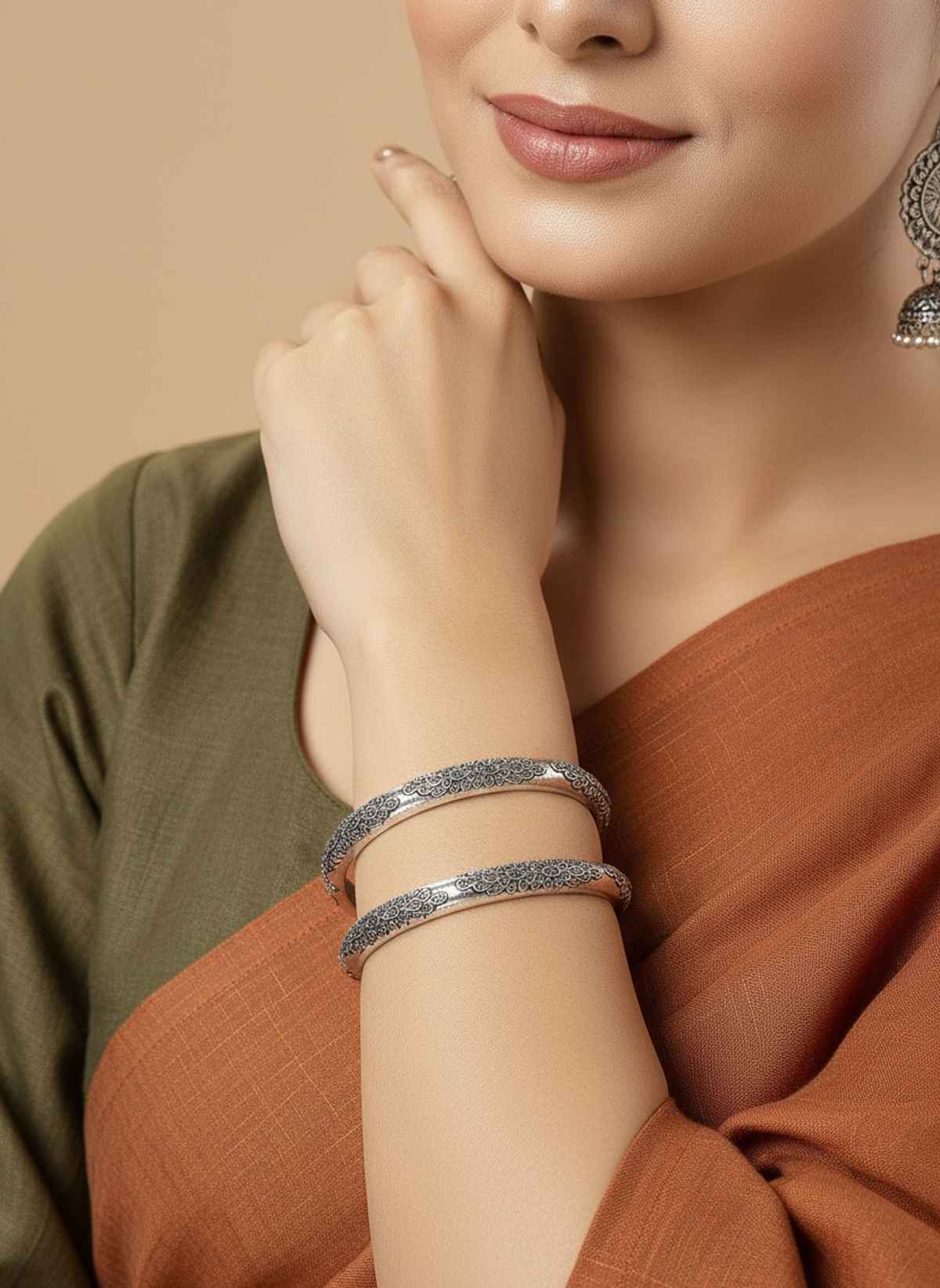 NVR Women Set of 5 Oxidized Silver-Plated Jhumka Earrings & Pair of Peacock Design Oxidised Kada Bangles