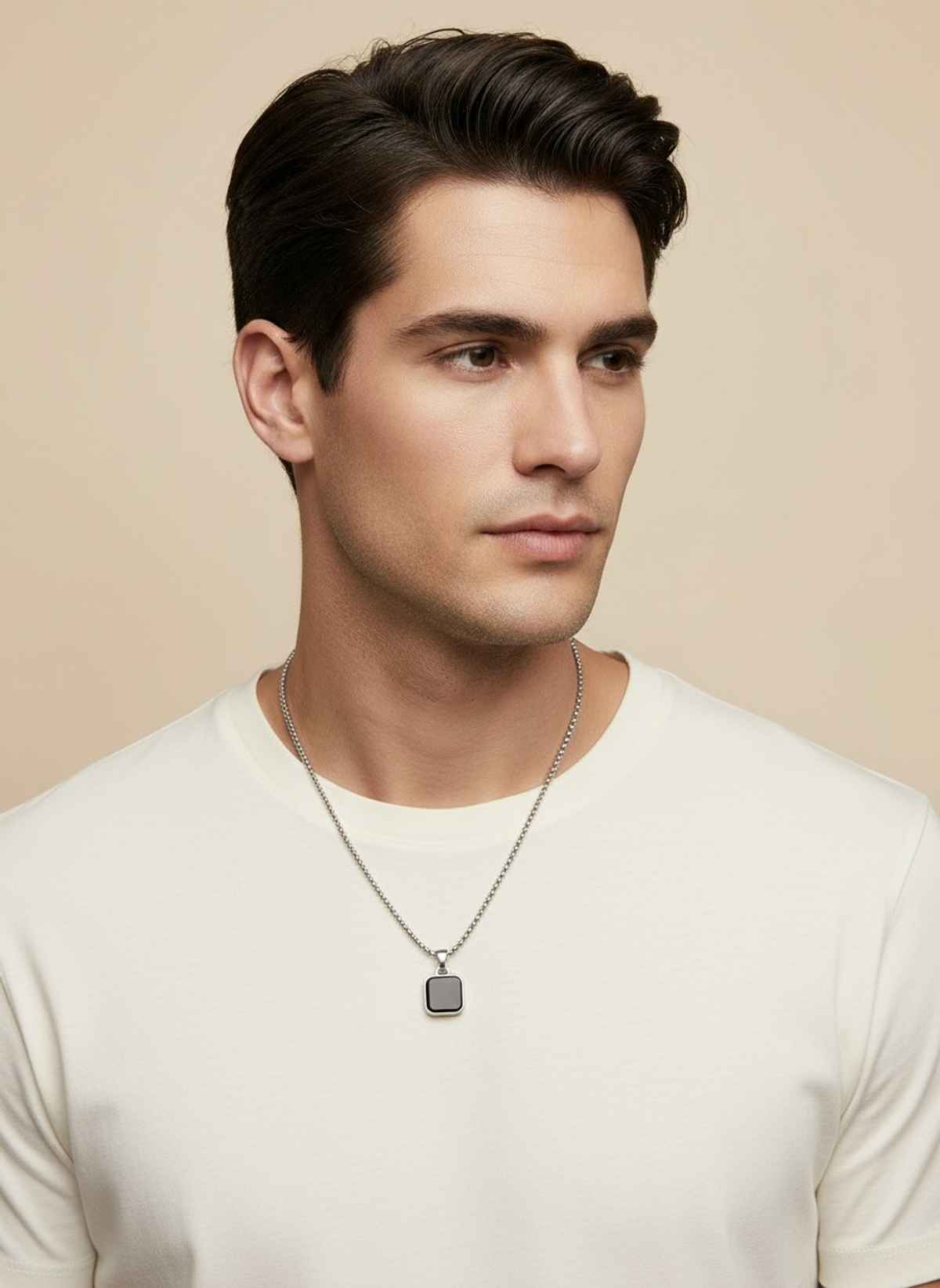 NVR Men's Silver-Plated Stone Pendant Chain & Black Rhodium Stainless Steel Cuff Bracelet Gift Combo
