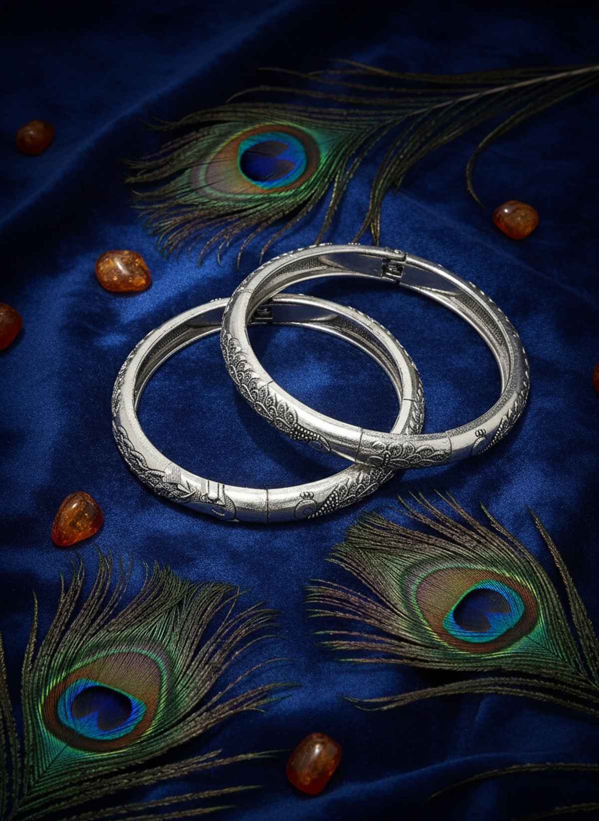 NVR Women Set of 5 Oxidized Silver-Plated Jhumka Earrings & Pair of Peacock Design Oxidised Kada Bangles