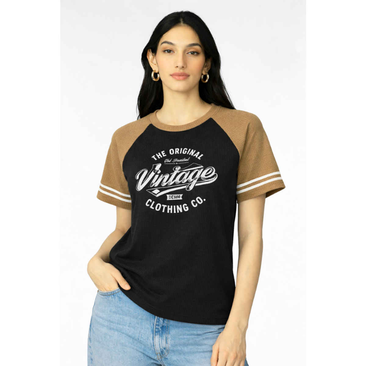 Try This Women's HF Sleeve Graphic Print Round Neck Tshirt | Black & Brown | M