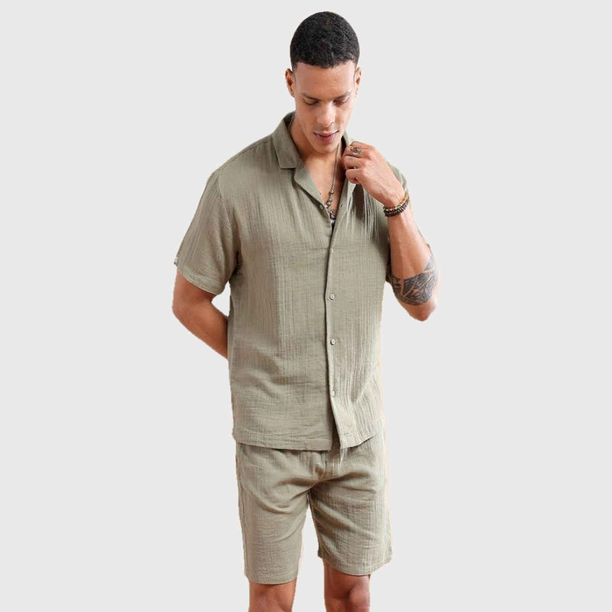The Indian Garage Co Men | Regular Solid Resort Shirt And Boxers | Sage Green | S