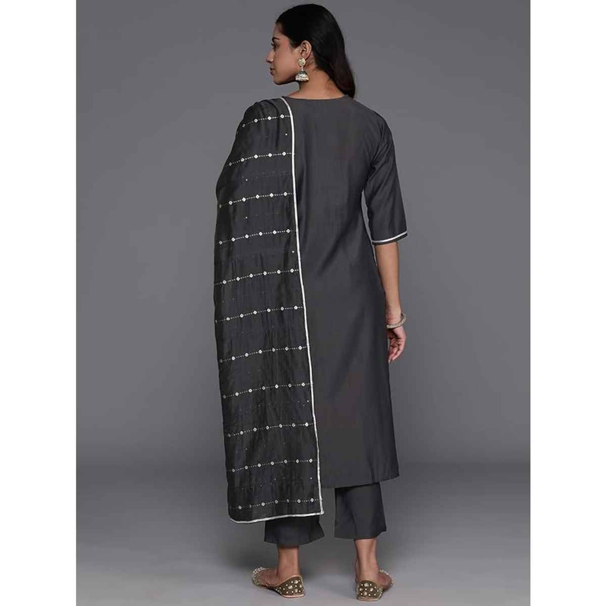 Libas Women Grey Silk Straight Kurta With Grey Silk Blend Trouser And Silk Blend Dupatta - 35163M