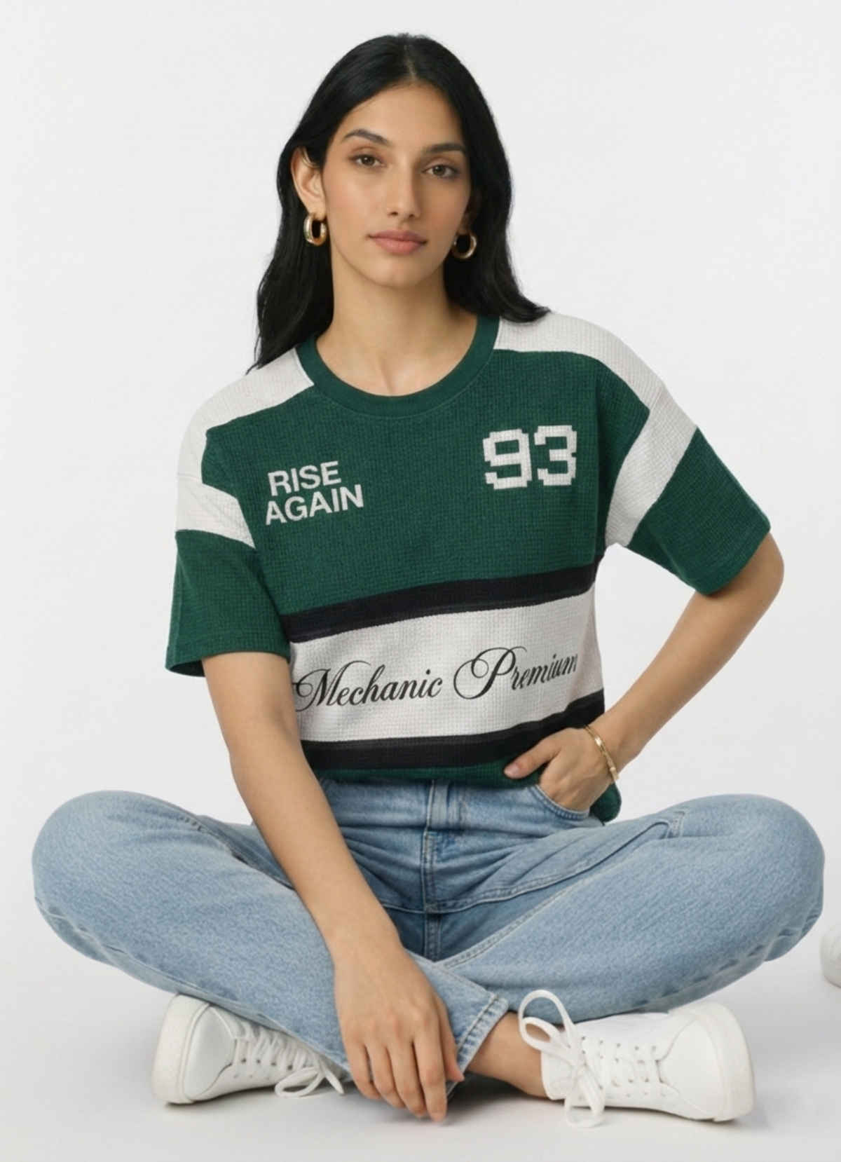 Try This Women's HF Sleeve Block Print Round Neck Tshirt | Green & White | M