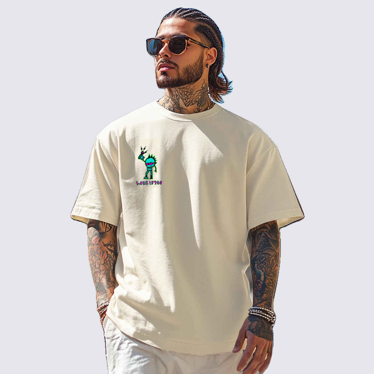 VEIRDO Men's Printed Oversized T-shirt | OS 100 LT1970 SW | Swan White - S