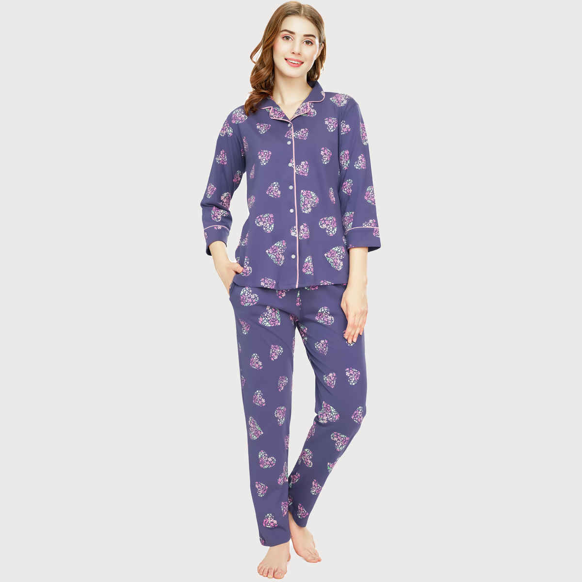 Zeyo Night Suit for Women Blue Heart Printed Cotton Night Dress | Shirt & Pajama Set 5758-BE- M