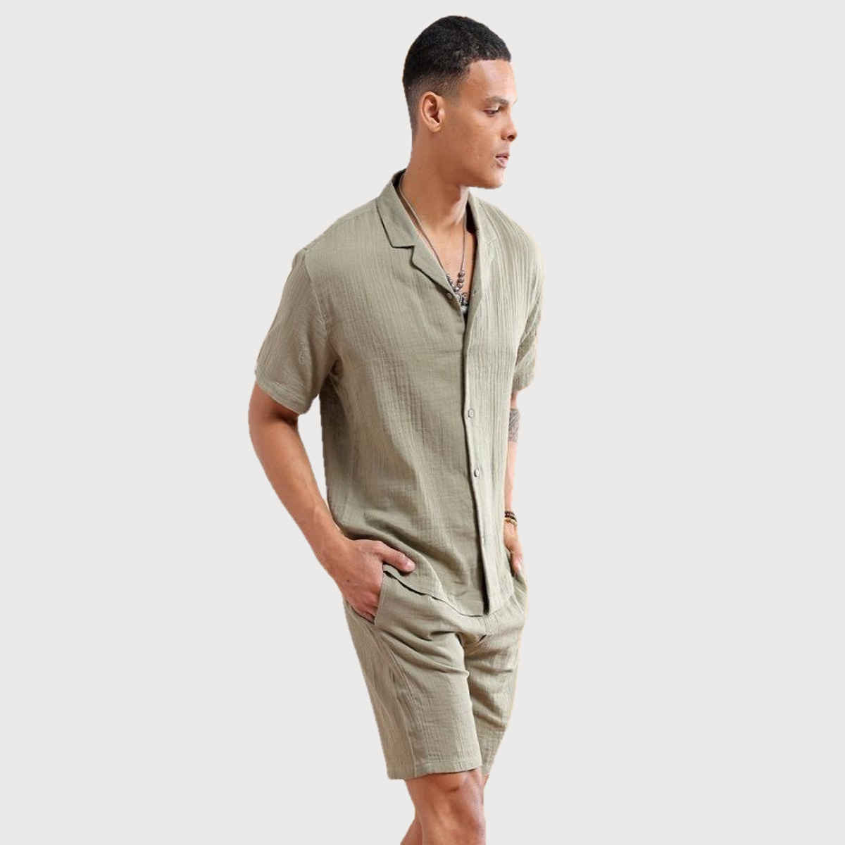 The Indian Garage Co Men | Regular Solid Resort Shirt And Boxers | Sage Green | S