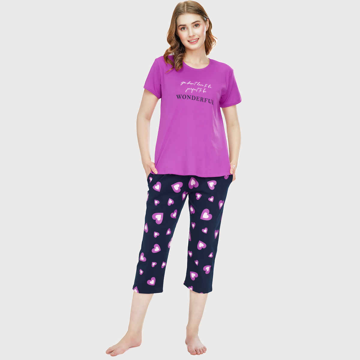 Zeyo Night Suit for Women Pink Heart Printed Cotton Night Dress of Top & Capri Set 5745-PK- M