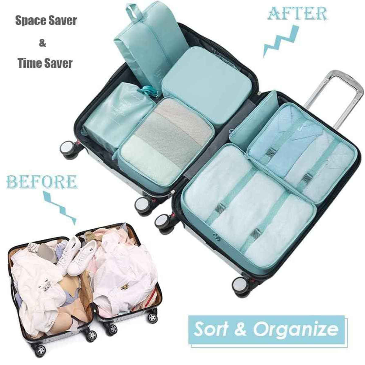 Awestuffs Travel Packing Cubes with Laundry Bag and Shoe Bag Waterproof | Blue