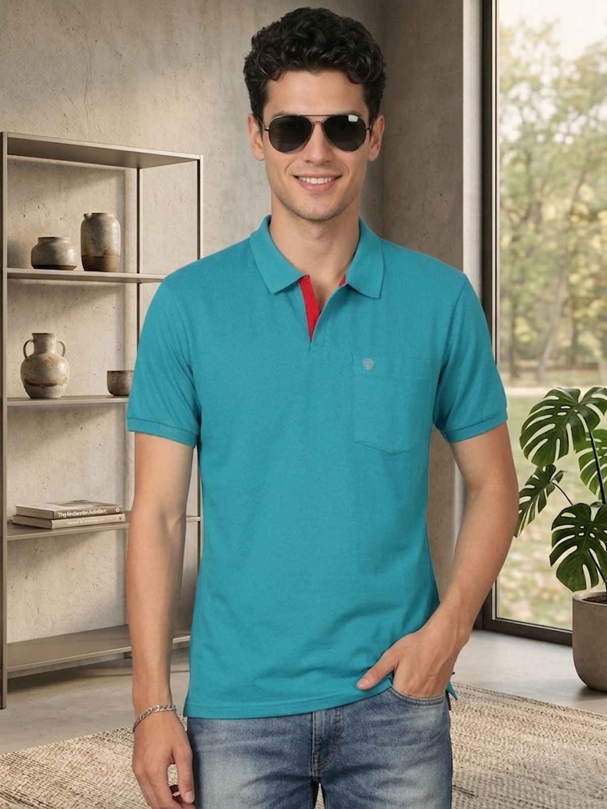 Lux Cozi Men's Solid Cotton Polo T-shirt with Pocket | Sea Green - XXL