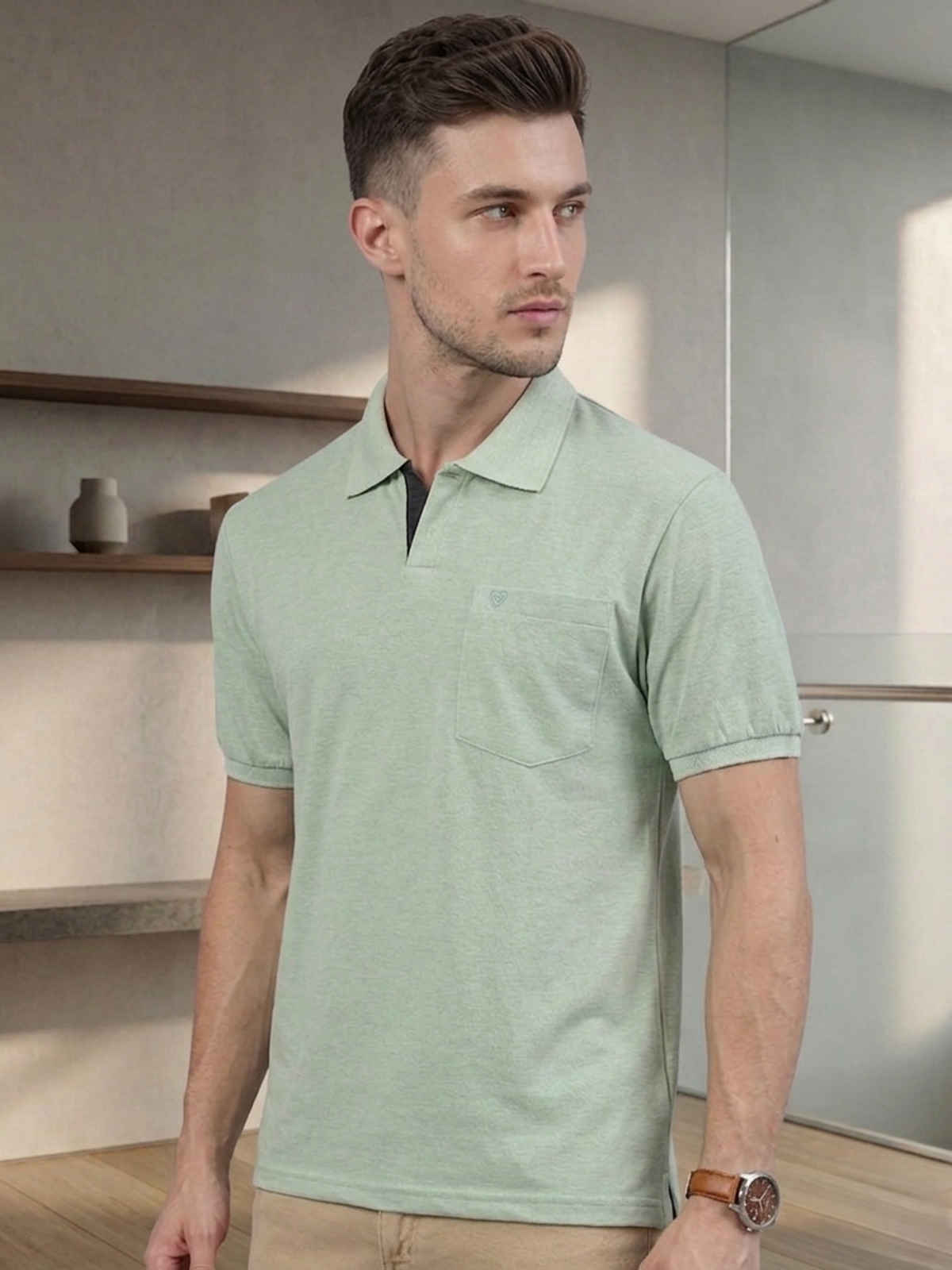 Lux Cozi Men's Solid Cotton Polo T-shirt with Pocket | Mint Green - M