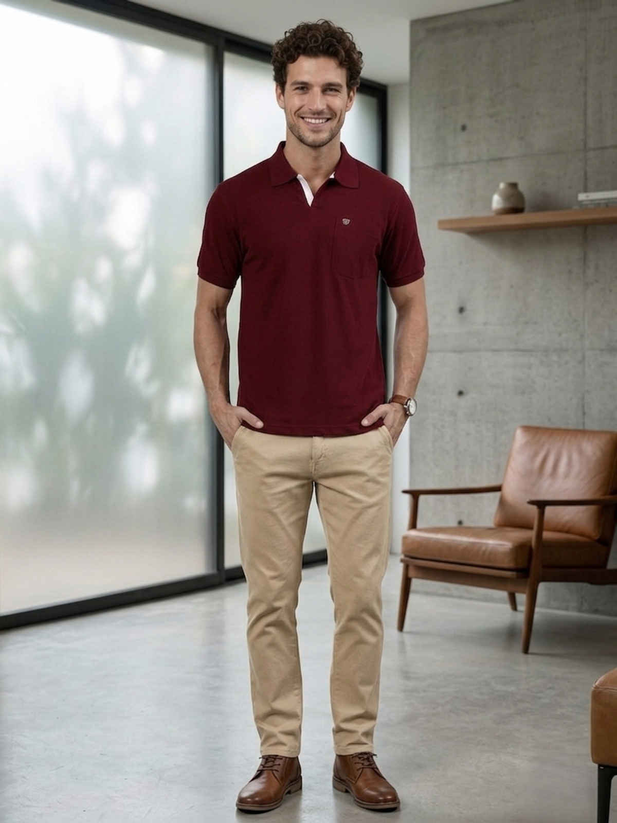 Lux Cozi Men's Solid Cotton Polo T-shirt with Pocket | Maroon - XXL