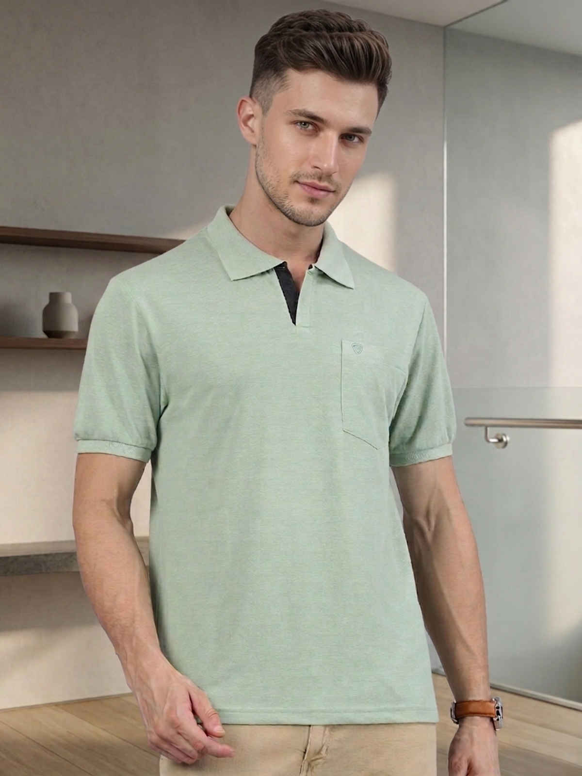 Lux Cozi Men's Solid Cotton Polo T-shirt with Pocket | Mint Green - M