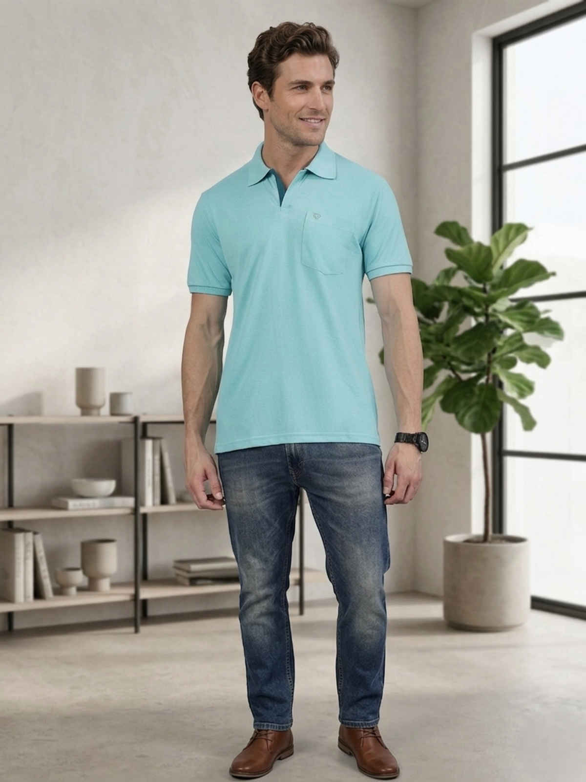 Lux Cozi Men's Solid Cotton Polo T-shirt with Pocket | Pool Blue - L
