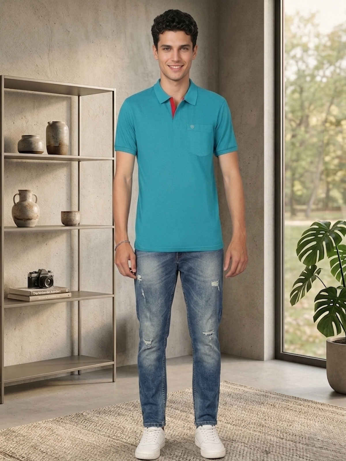Lux Cozi Men's Solid Cotton Polo T-shirt with Pocket | Sea Green - XXL