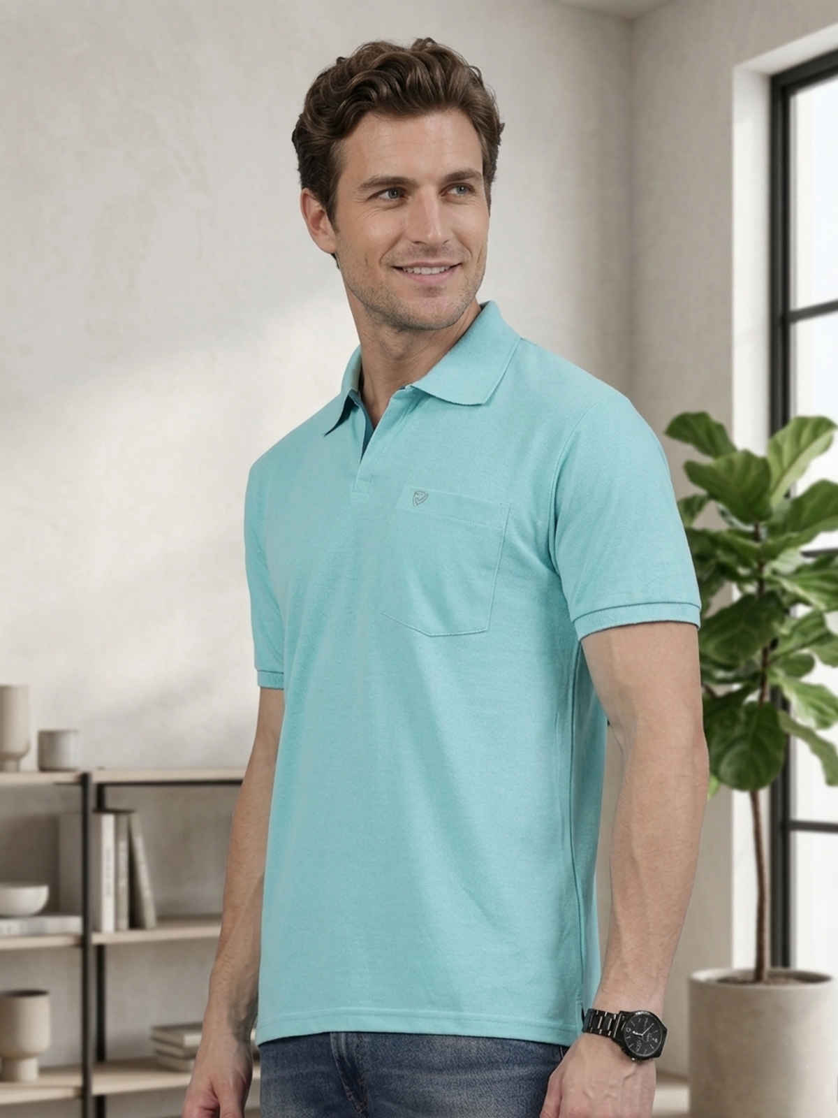 Lux Cozi Men's Solid Cotton Polo T-shirt with Pocket | Pool Blue - L