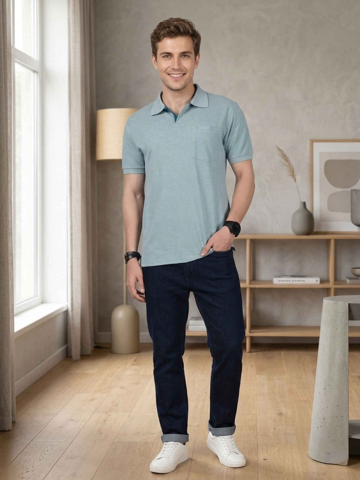Lux Cozi Men's Solid Cotton Polo T-shirt with Pocket | Pal Green - XL