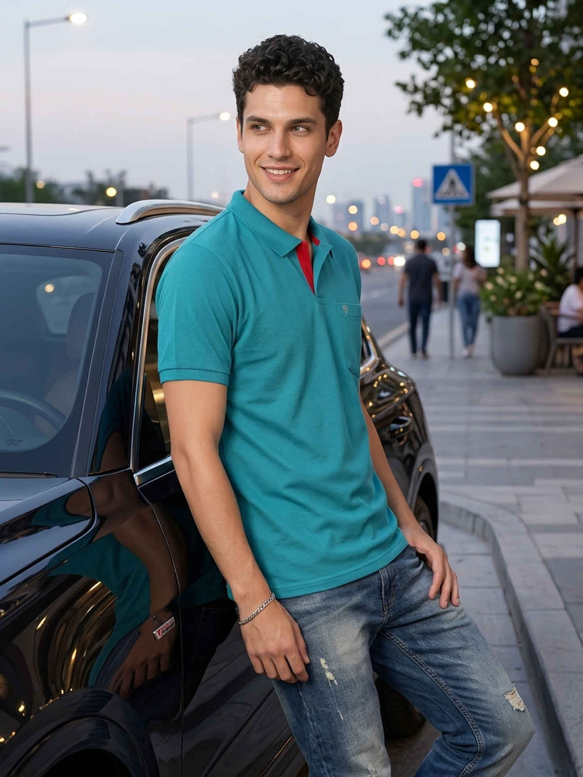 Lux Cozi Men's Solid Cotton Polo T-shirt with Pocket | Sea Green - XXL