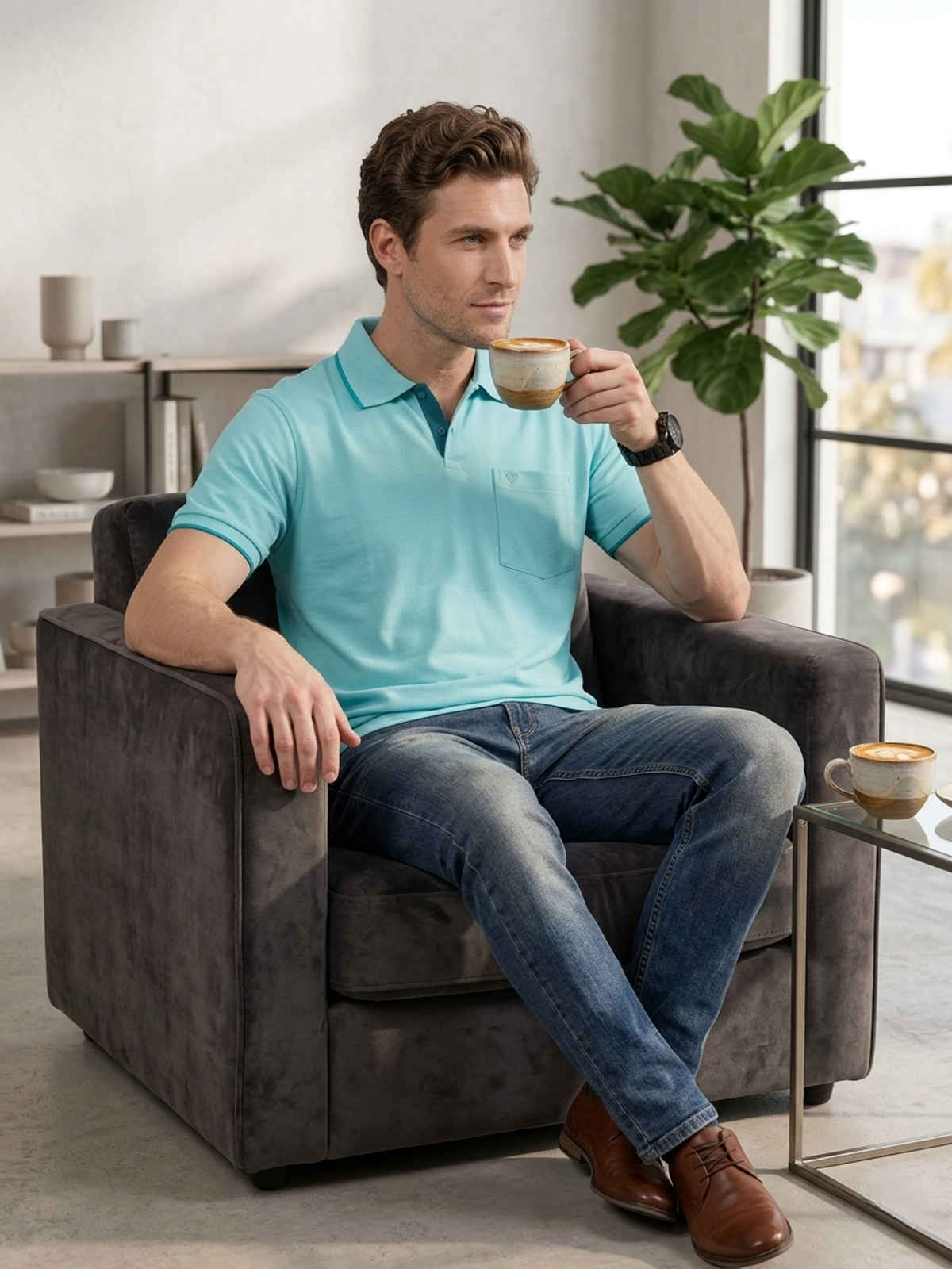 Lux Cozi Men's Solid Cotton Polo T-shirt with Pocket | Pool Blue - L