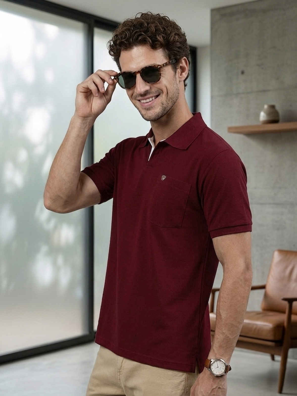 Lux Cozi Men's Solid Cotton Polo T-shirt with Pocket | Maroon - XXL