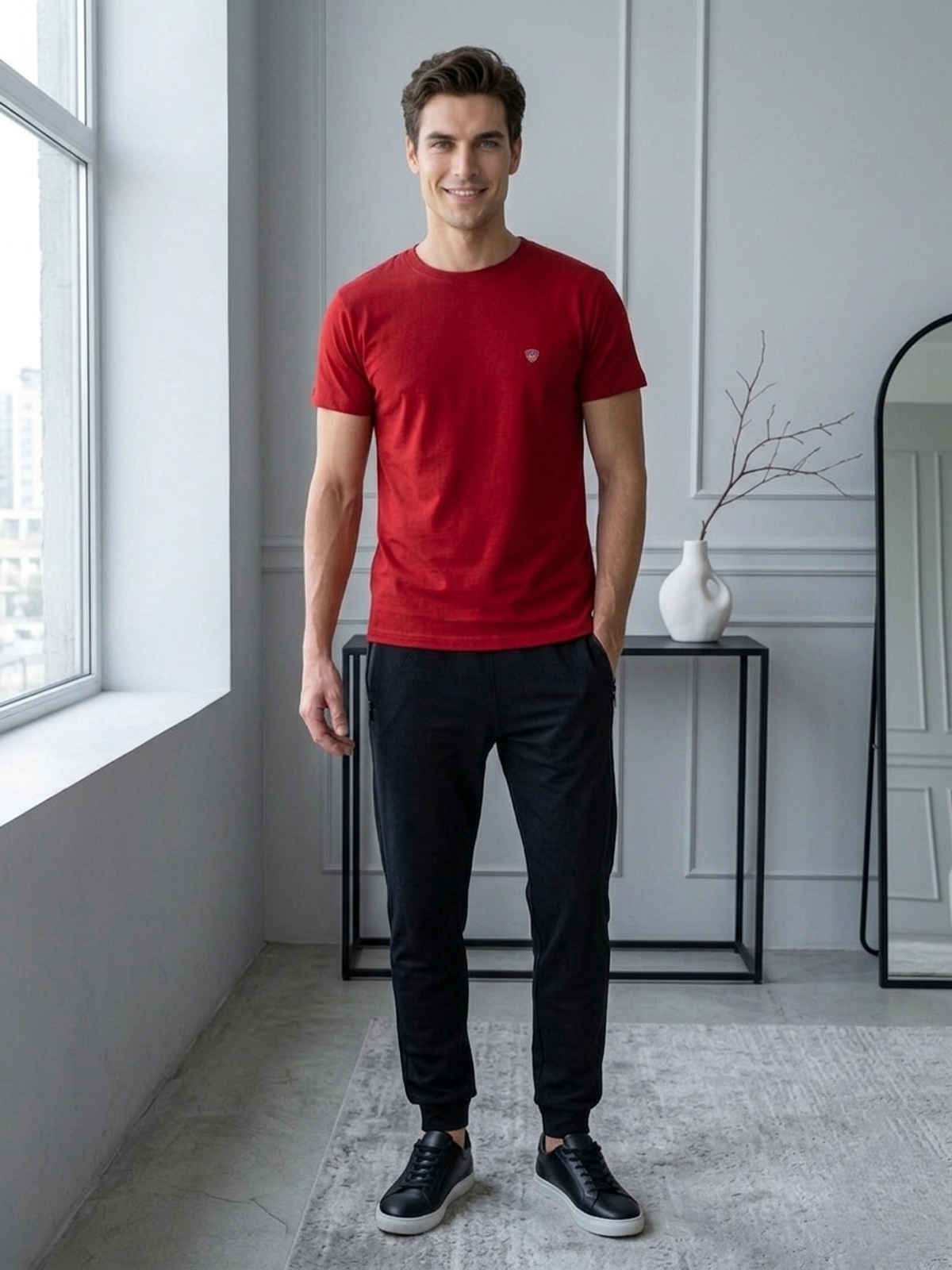 Lux Cozi Men s Ultimate Comfort & Style Round Neck Cotton T-shirt | Red | Size | L
