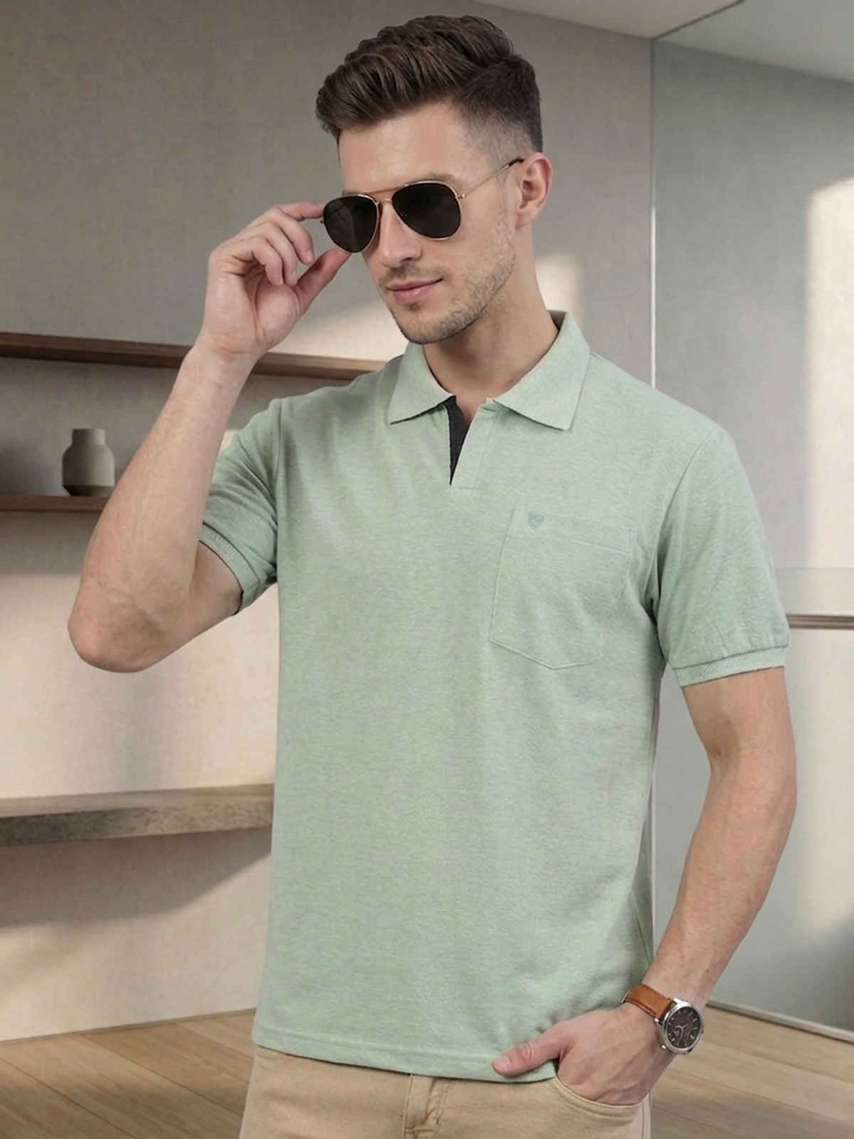 Lux Cozi Men's Solid Cotton Polo T-shirt with Pocket | Mint Green - M
