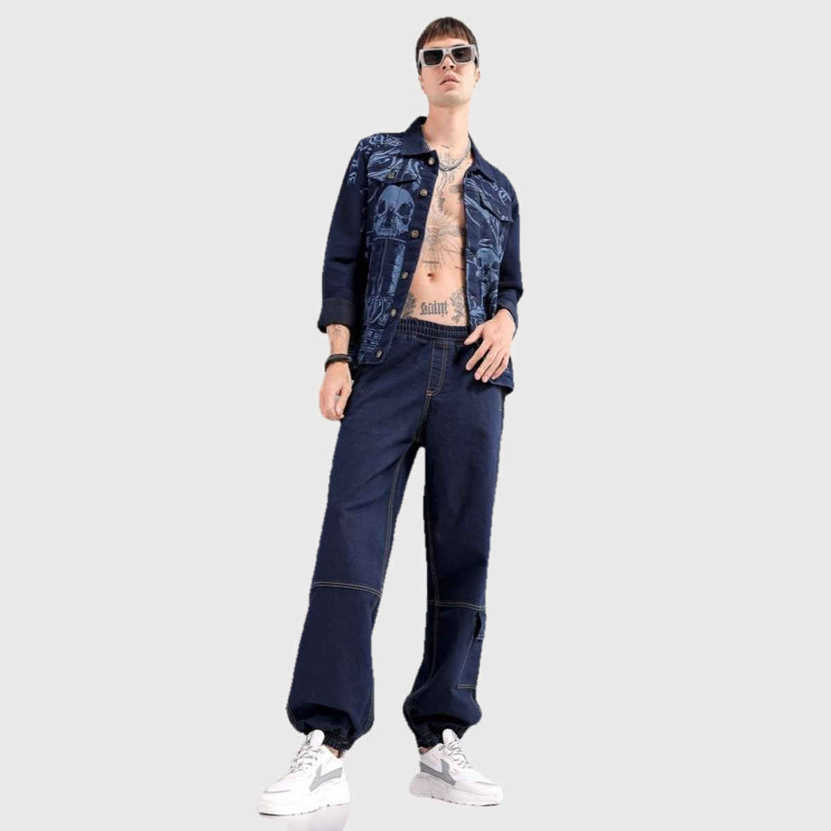 The Indian Garage Co Men's Loose Fit Solid Casual Denim Joggers | Navy | 32