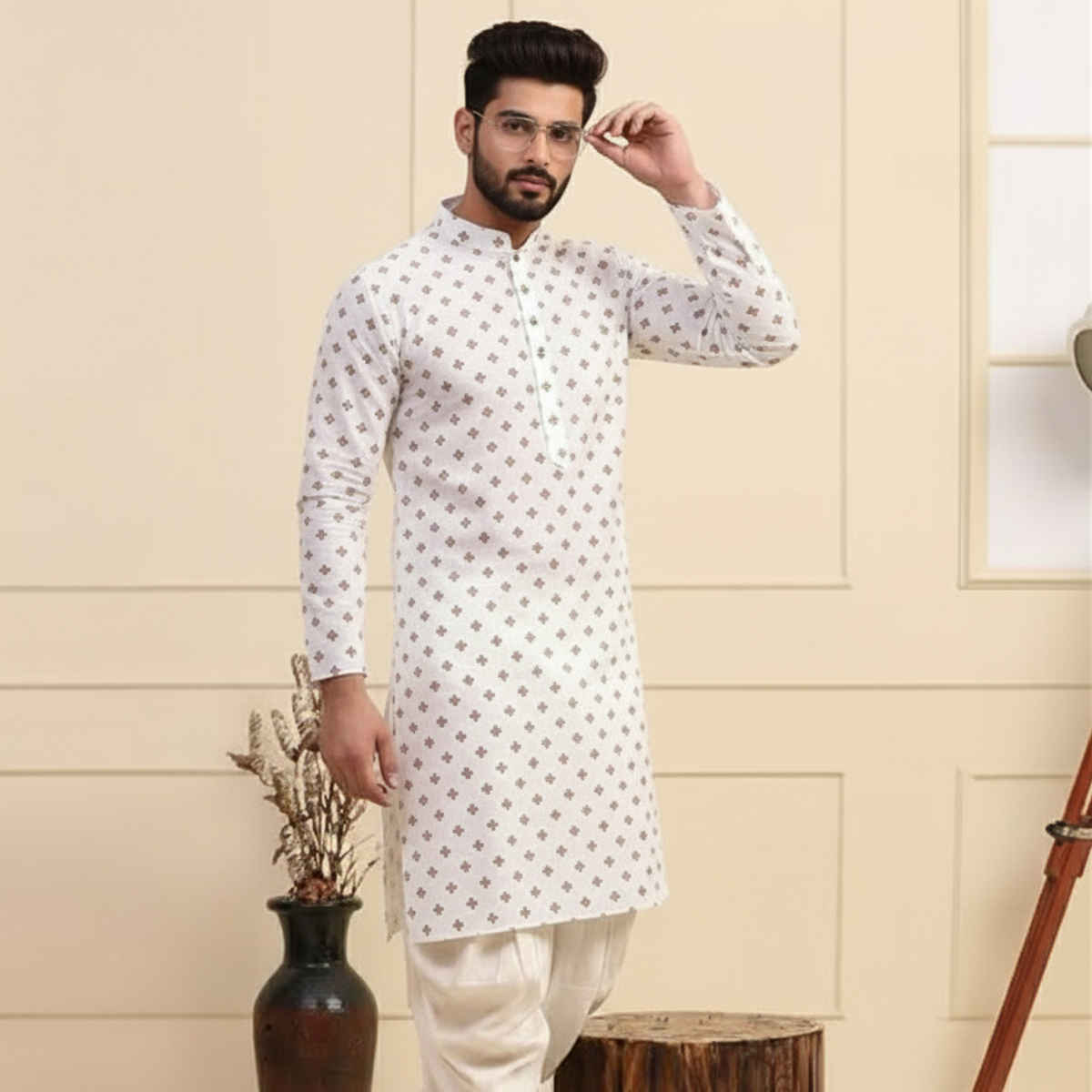 Happy Mail Men's Kurta with Brown Print | White - XL